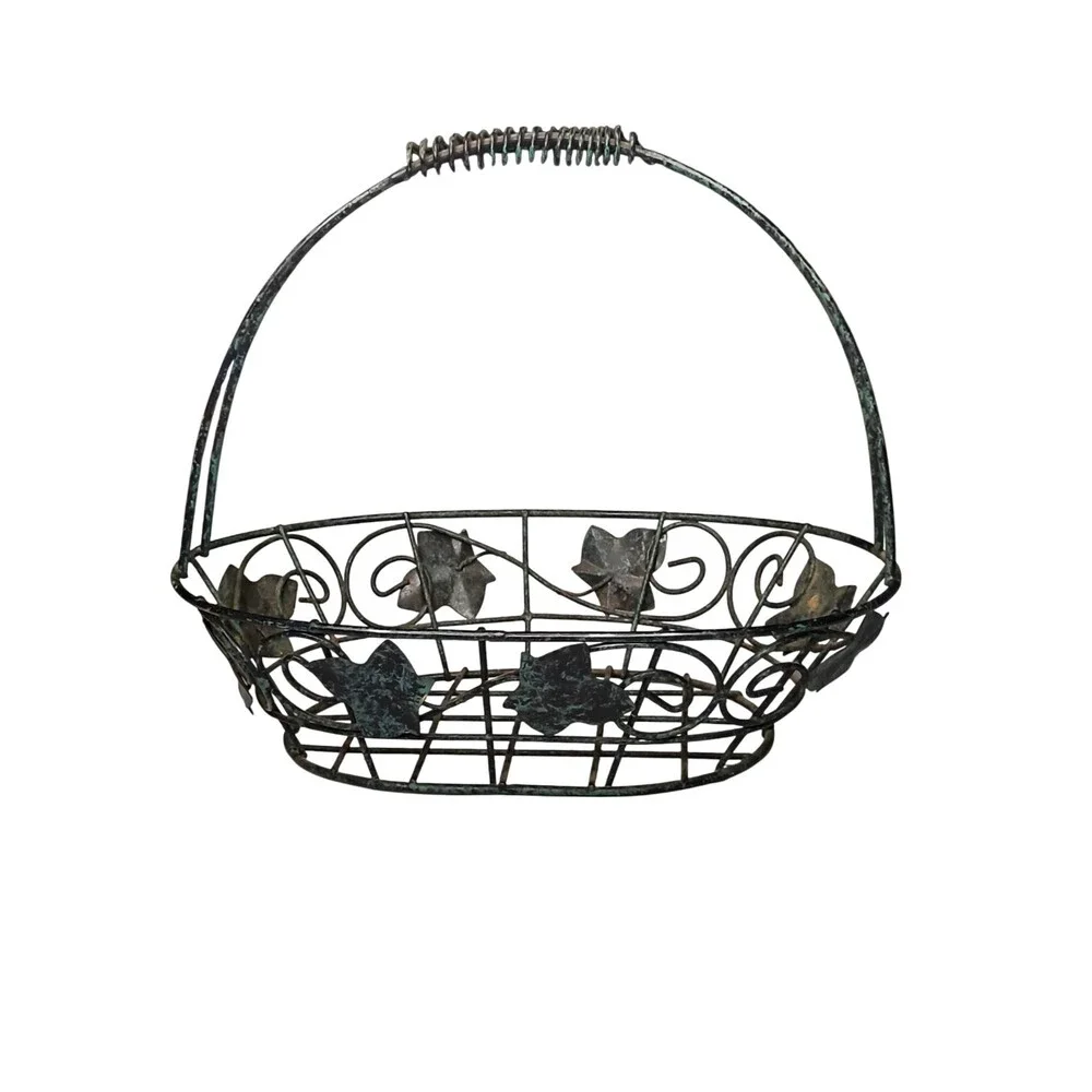 Decorative Wire Basket With Antique Green Leaf Accents Center Piece Egg Gather